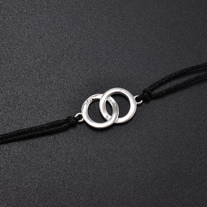 Bratara dama cu snur negru si accesoriu din argint in forma de cercuri