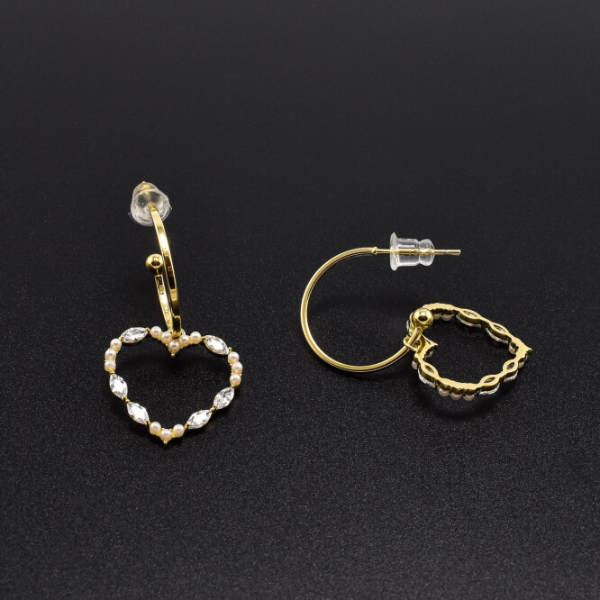 Cercei dama, ace din argint, placati cu aur 18K in forma de inima si cristale swarovski