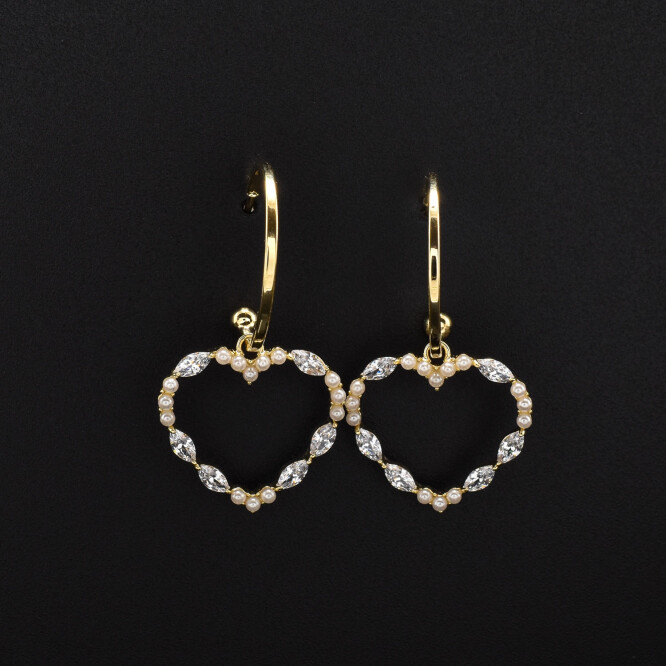 Cercei dama, ace din argint, placati cu aur 18K in forma de inima si cristale swarovski