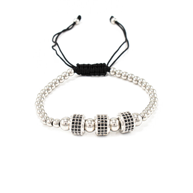 Bratara barbati cu accesorii argintii si cristale zirconia negre 