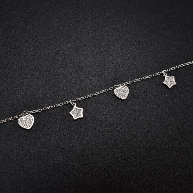Bratara dama din argint cu accesorii in forma de stea si inima acoperite cu cristale swarovski