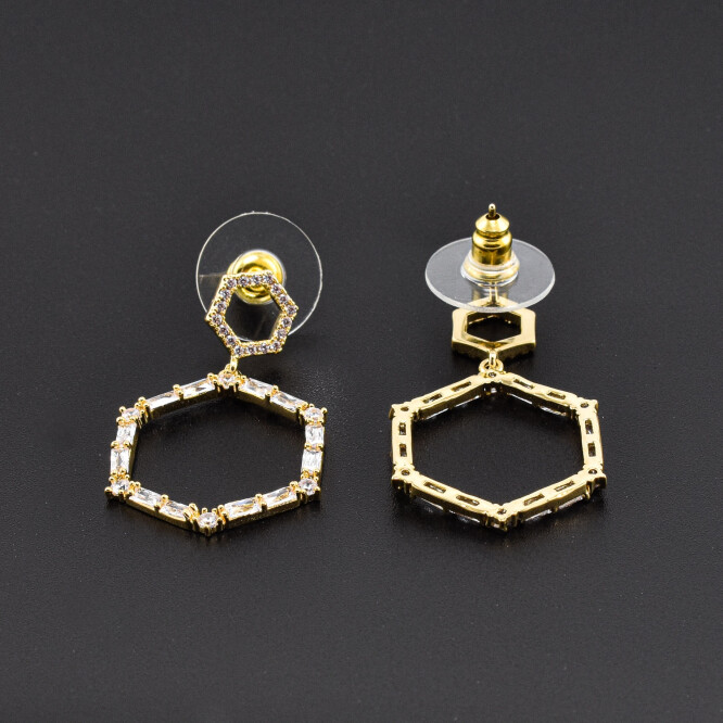 Cercei dama hexagonali, ace din argint, placati cu aur 18K