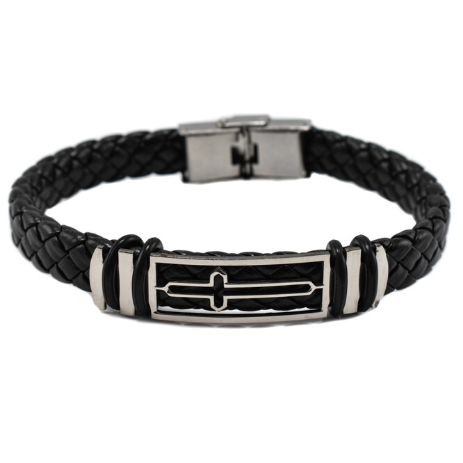 Bratara barbati stainless steel din piele naturala si accesoriu in forma de cruce 