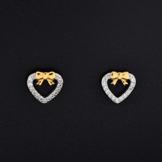Cercei dama din argint in forma de inima cu funda placata cu aur 18K 