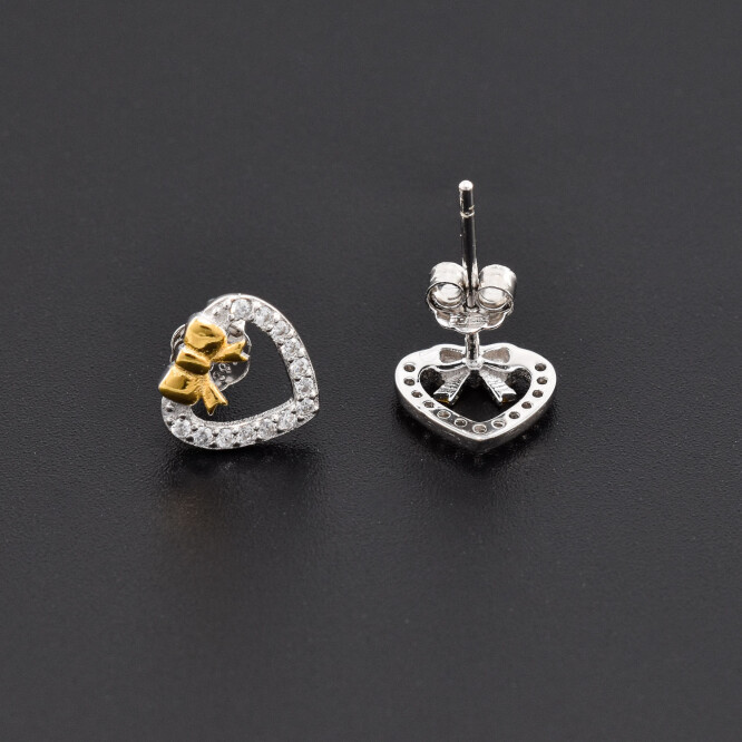 Cercei dama din argint in forma de inima cu funda placata cu aur 18K 
